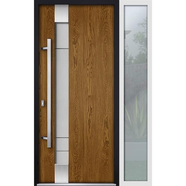 VDOMDOORS 52 in. x 80 in. Right-Hand/Inswing Sidelight Frosted Glass Natural Oak Steel Prehung Front Door with Hardware