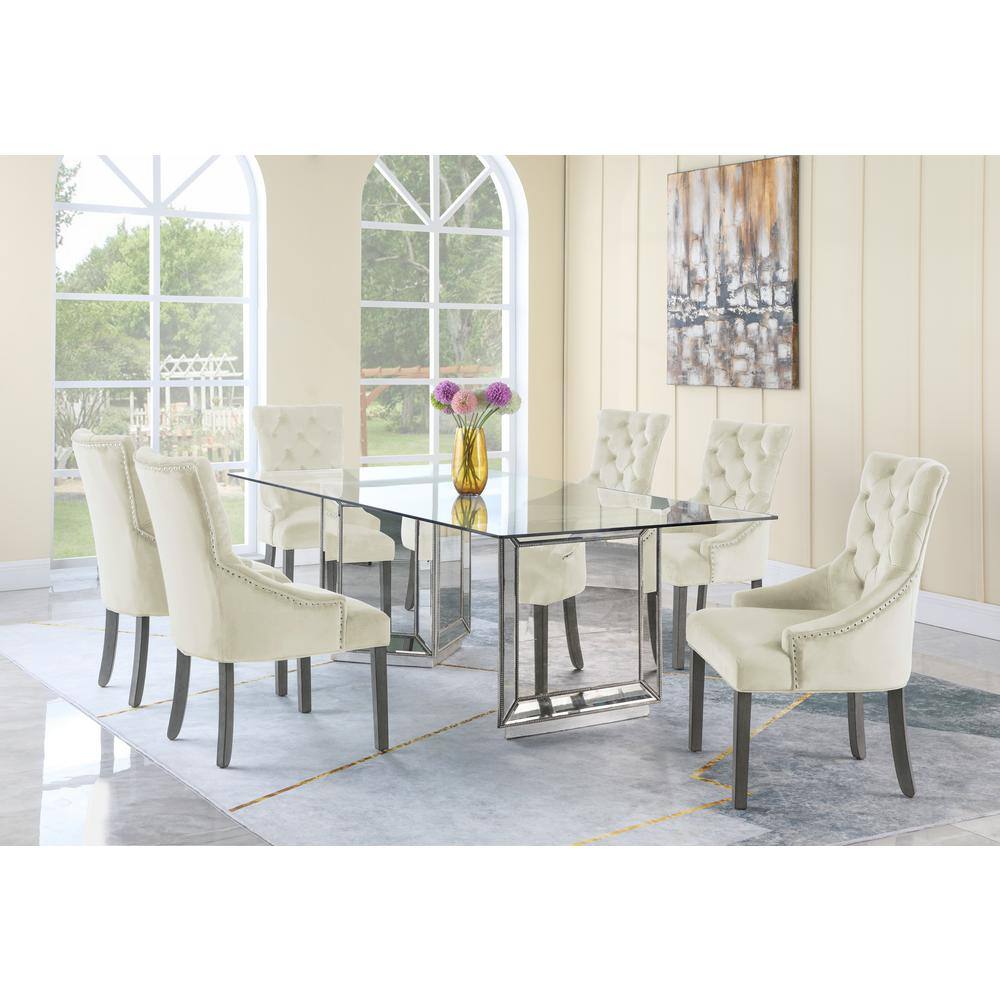 Nicolette Transitional 96" Mirrored Silver Dining Table with Glass Top