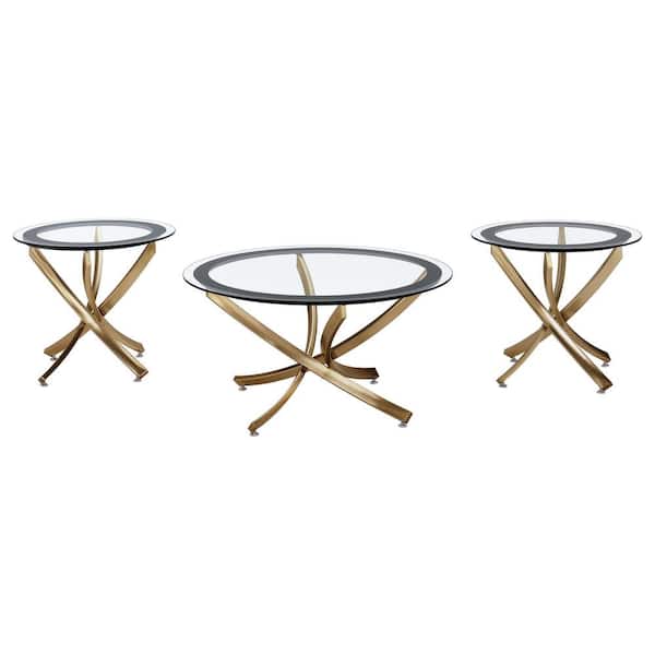 Coaster Brooke 35.5 in. Ross Brass Round Glass Top Coffee Table with 3 Pieces