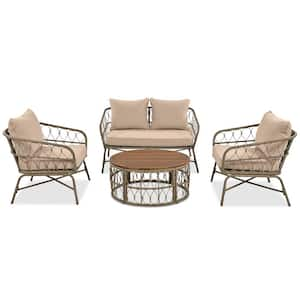 4-Piece Wicker Patio Conversation Set with Beige Cushions