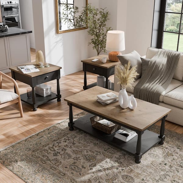 Furniture of America Lucan Farmhouse Weathered Black Acacia Wood 3 Piece Coffee Table Set
