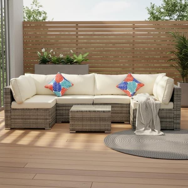 7 Pieces Wicker Outdoor Sectional Set with Brown Cushions and Coffee Table for Backyard Porch