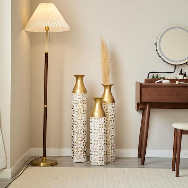 24in./29in./32in. Gilded White Metal VaseTrioSet, 3D Floral Relief CylinderVases,Mother's Day GiftHome Decor Centerpiece