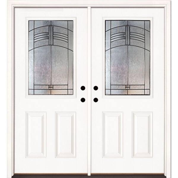 66 in. x 81.625 in. Rochester Patina 1/2 Lite Unfinished Smooth Right-Hand Inswing Fiberglass Double Prehung Front Door