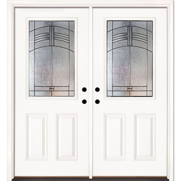 66 in. x 81.625 in. Rochester Patina 1/2 Lite Unfinished Smooth Left-Hand Inswing Fiberglass Double Prehung Front Door
