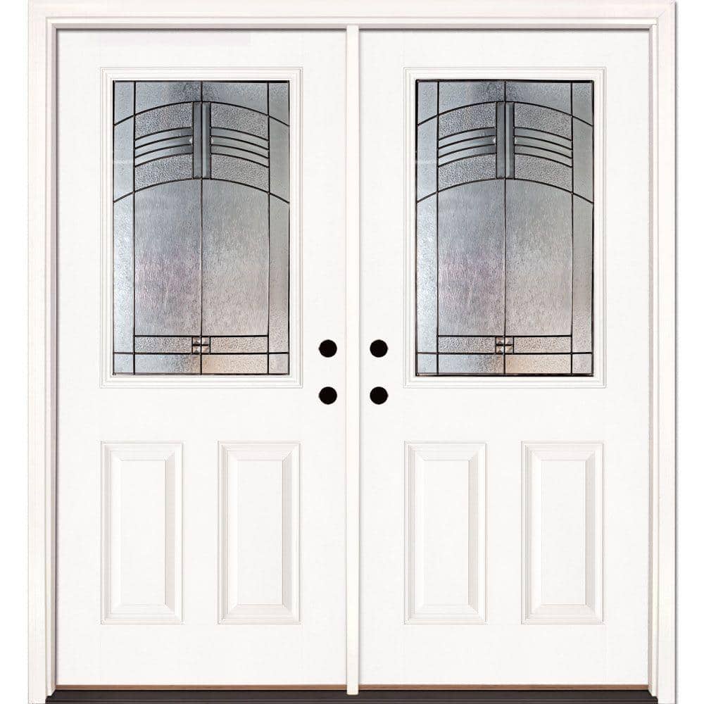 Feather River Doors 66 in. x 81.625 in. Rochester Patina 1/2 Lite Unfinished Smooth Left-Hand Inswing Fiberglass Double Prehung Front Door, Smooth White: Ready to Paint -  873170-400