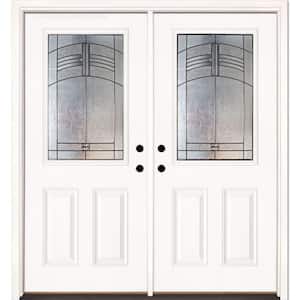 66 in. x 81.625 in. Rochester Patina 1/2 Lite Unfinished Smooth Left-Hand Inswing Fiberglass Double Prehung Front Door