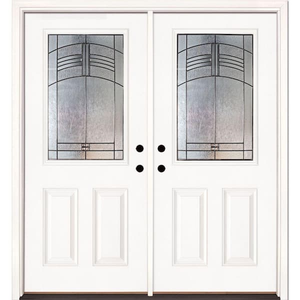 Feather River Doors 66 in. x 81.625 in. Rochester Patina 1/2 Lite Unfinished Smooth Left-Hand Inswing Fiberglass Double Prehung Front Door