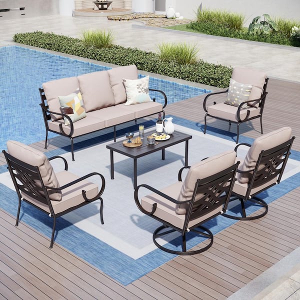 PHI VILLA 7 Seat 6-Piece Black Metal Steel Outdoor Patio Conversation Set with Beige Cushions, 2 Swivel Chairs And Table