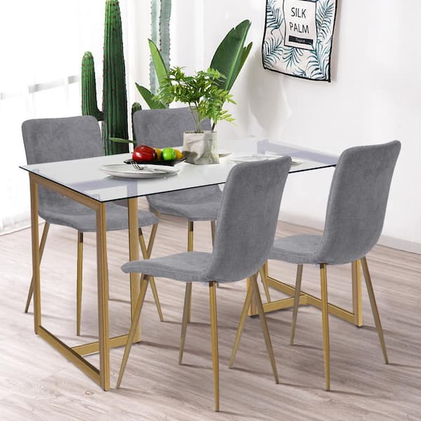 Furniturer Slip Tempered Glass Top Gold, Glass Dining Room Table Wood Base