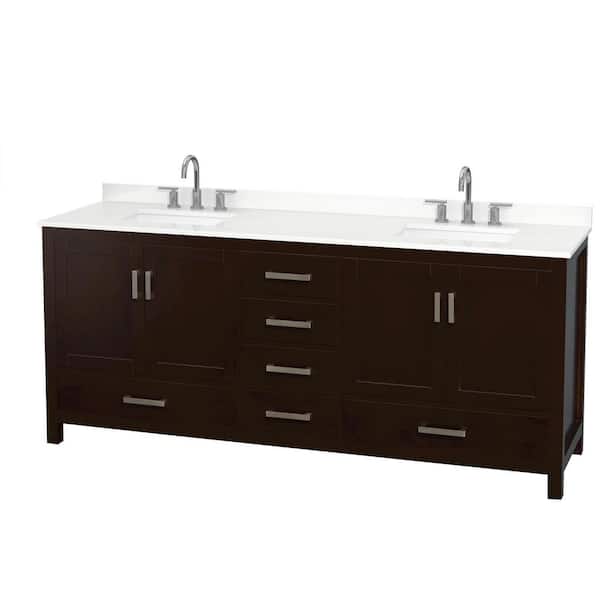 Wyndham Collection Sheffield 80 in. W. x 22 in. D x 35 in. H Double Bath Vanity in Espresso with White Quartz Top