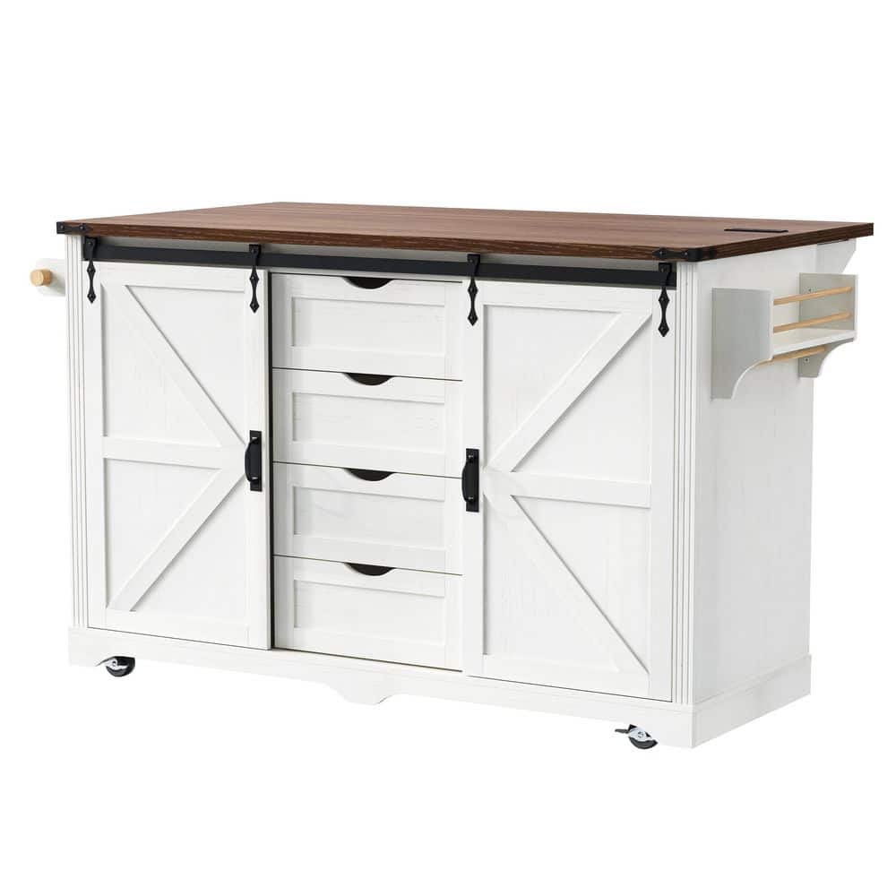 White Wood 72 in. Farmhouse Kitchen Island with Double Mini Fridge Storage Space, Drop Leaf, Power Outlet, 4 Drawers price history on PriceWatchPro