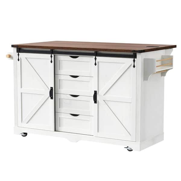 White Wood 72 in. Farmhouse Kitchen Island with Double Mini Fridge Storage Space, Drop Leaf, Power Outlet, 4 Drawers
