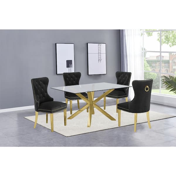 Best Quality Furniture Tom 5-Piece Rectangle Glass Top with Gold Stainless Steel Table Set, 4-Black Velvet Chair W/Nail Head Trim and Back Ring