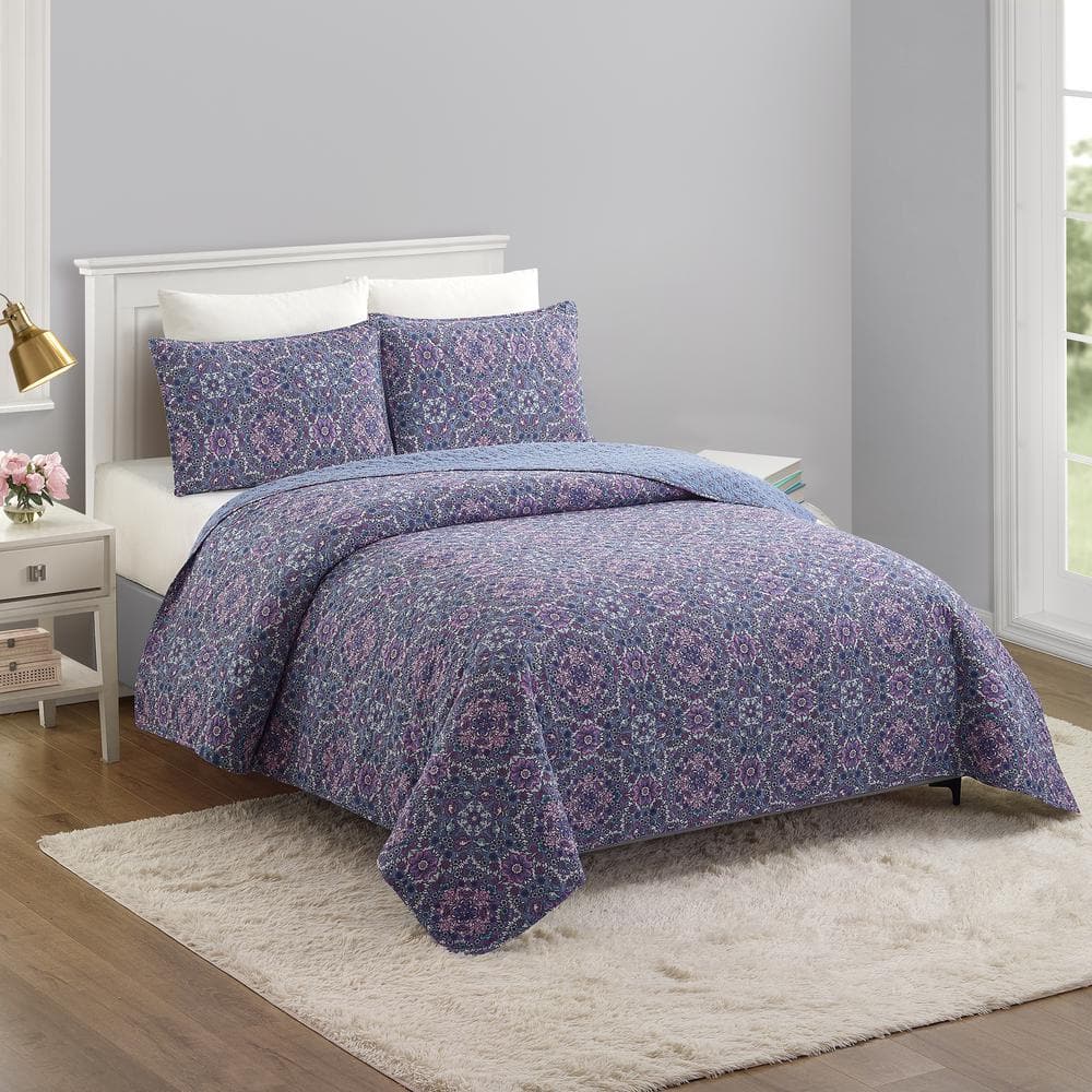 King Size Blue Cotton Reversible Quilt Set