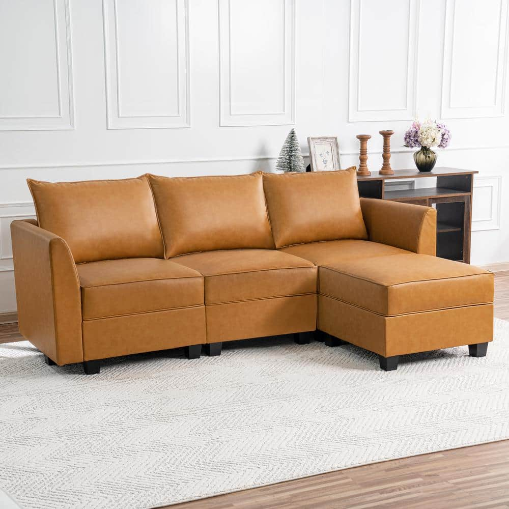 MAYKOOSH 87.1 In. Contemporary 1-Piece Caramel Faux Leather Reversible ...