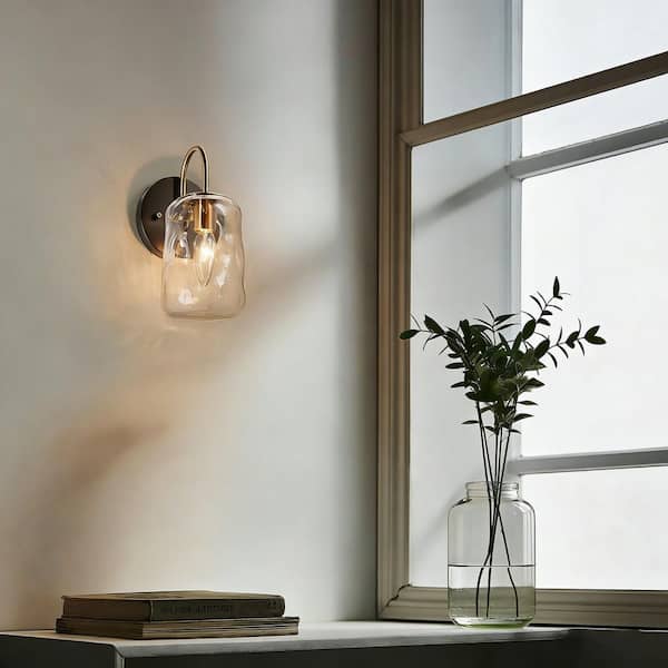 Cellar Gunmetal Gray 1-Light Wall Sconce Modern Brass Mason Jar Textured Glass Shade Powder Room Bathroom Vanity Light