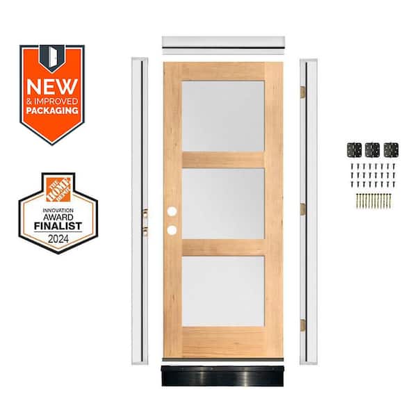 36in.x80in. Modern RH 3-Lite Frosted Glass Clear Stain Hemlock Wood AssemblyRequired Front Door Kit w/QuickAssembleJamb