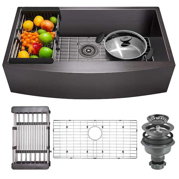 Matte Black Finish Stainless Steel 30 in. x 20 in. Single Bowl Farmhouse Apron Mount Kitchen Sink with Accessories Matte Black Finish Stainless Steel 30 in. x 20 in. Single Bowl Farmhouse Apron Mount Kitchen Sink with Accessories