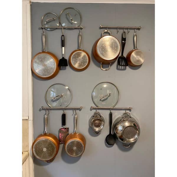2-Pick Brushed Stainless Steel Kitchen Utensil Hanger with Sliding Hooks, Wall Mounted Rack for Pans and Cooking Tools