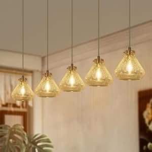 Modern 5-light Imitation Electroplated Copper Island Pendant Light, Linear Chandelier with Barn Crackle Glass Shade