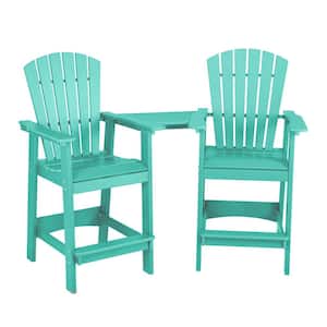 Lake Blue HDPE Plastic Outdoor Adirondack Chair Bar Stools with Connecting Tray Set of 2