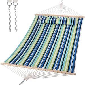 12 ft. Double Tree Hammock with Hardwood Spreader Bar, Extra Large Soft Pillow (Green Stripes)