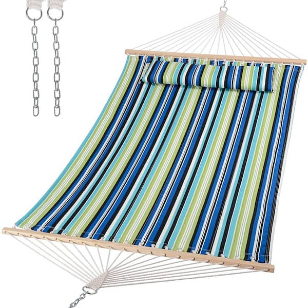 Unbranded 12 ft. Double Tree Hammock with Hardwood Spreader Bar, Extra Large Soft Pillow (Green Stripes)
