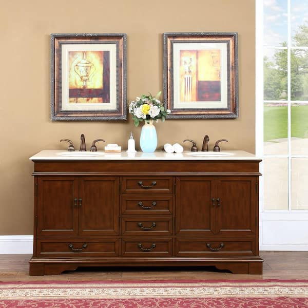 Silkroad Exclusive 72-in Brazilian Rosewood Undermount Double Sink Bathroom  Vanity with Travertine Top in the Bathroom Vanities with Tops department at