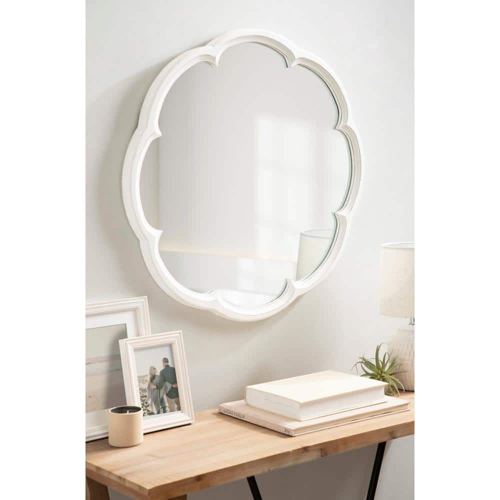 Maren 26" Distressed White Round Wooden Scallop Vanity Mirror