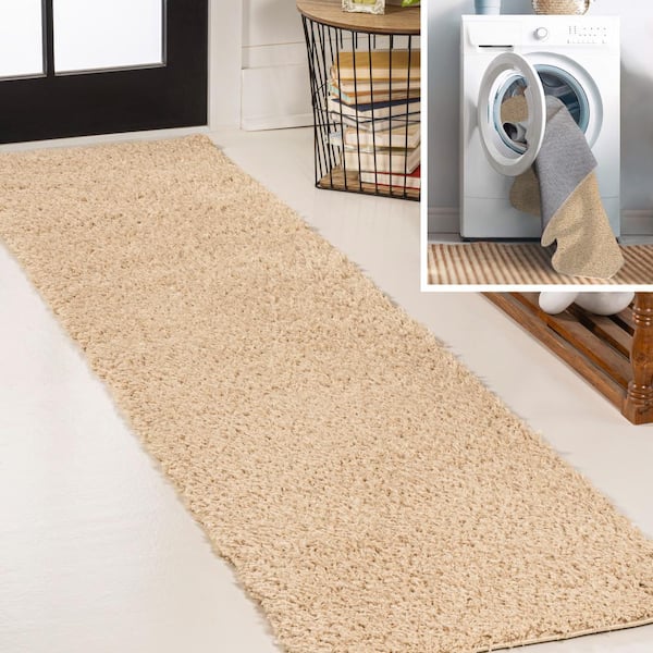JONATHAN Y Ivory 2 ft. x 8 ft. Clayton Coastal Solid Glam Shag Machine-Washable Runner Rug