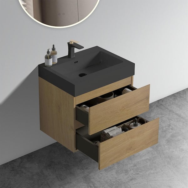 Noble 24 in. W x 18 in. D x 25 in. H Single Sink Freestanding Bath Vanity in Oak with Black Solid Surface Integral Top