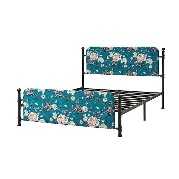 Baltazar Blue Transitional 61.75 in. Metal Frame Platform Bed with Floral Upholstered