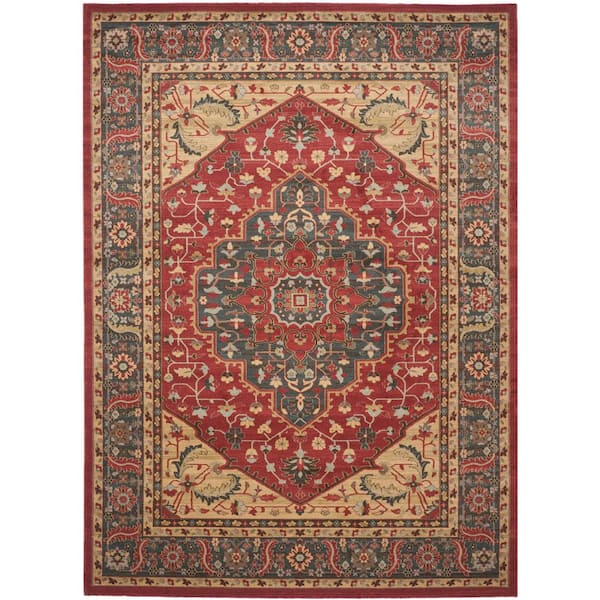 Mahal Navy/Red 11 ft. x 16 ft. Border Floral Area Rug