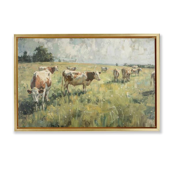 Stupell Industries Roaming Cows in Grasslands by LSR Design Studio Gold Floater Frame Nature Graphic Art Print 17 in. x 25 in.