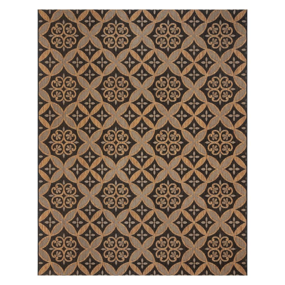 Chestnut and Black Floral Synthetic Flatweave 5' x 7' Area Rug