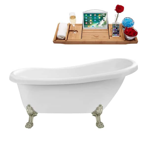 61 in. Acrylic Clawfoot Non-Whirlpool Bathtub in Glossy White With Brushed Nickel Clawfeet And Brushed Nickel Drain