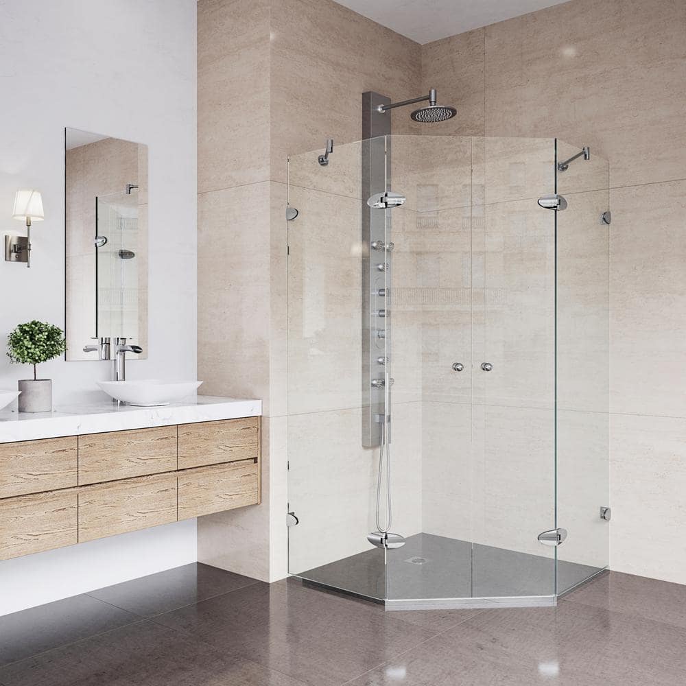 Gemini Frameless Neo-Angle Clear Glass Shower Enclosure with Brushed Nickel Hardware