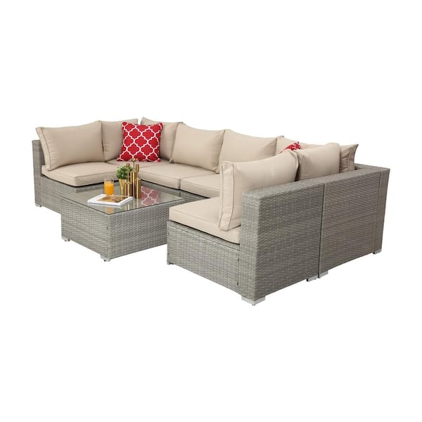 Anvil Natalie Beige 7-Piece PE Rattan Wicker Outdoor Sectional Set with Coffee Table, Hand-woven Cushion and Pillows
