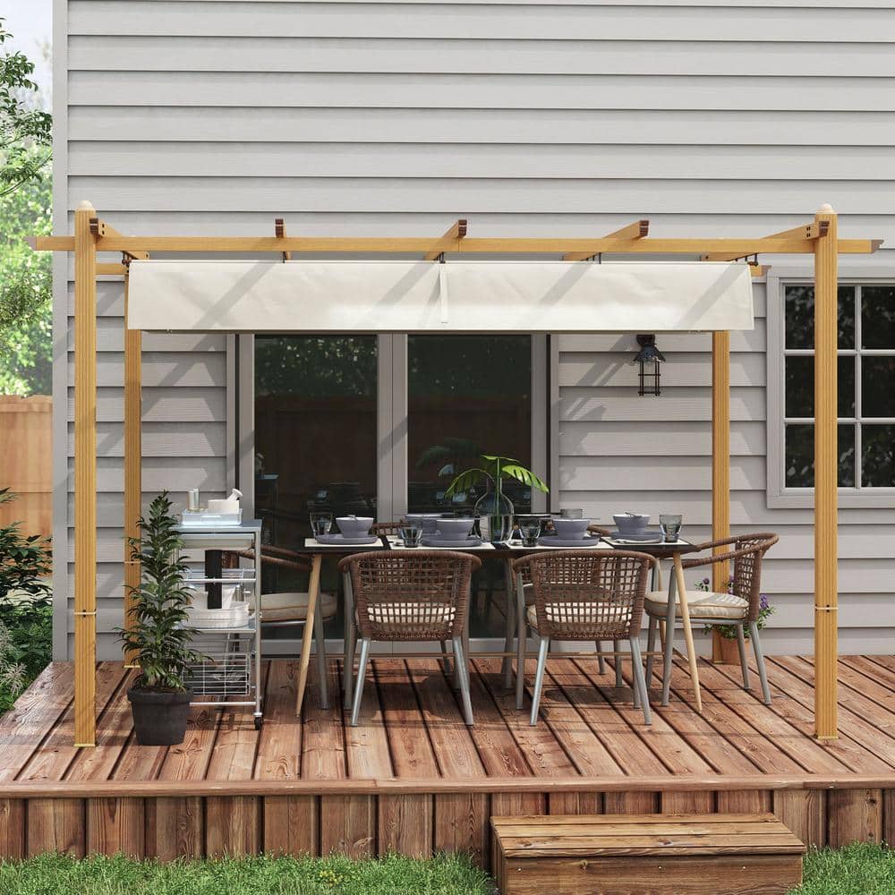 Cream White 10' x 12' Aluminum Pergola with Retractable Canopy