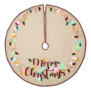 48 in. D LED Embroidered Linen Christmas Tree Skirt - Merry Christmas