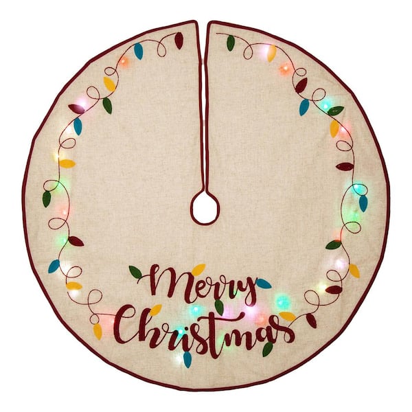 Glitzhome 48 in. D LED Embroidered Linen Christmas Tree Skirt - Merry Christmas