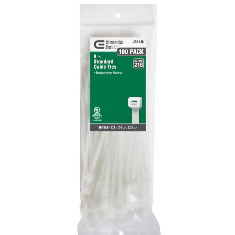 Commercial Electric 8in Standard 50lb Tensile Strength UL 21S Rated Cable Zip Ties 100 Pack Natural (White)