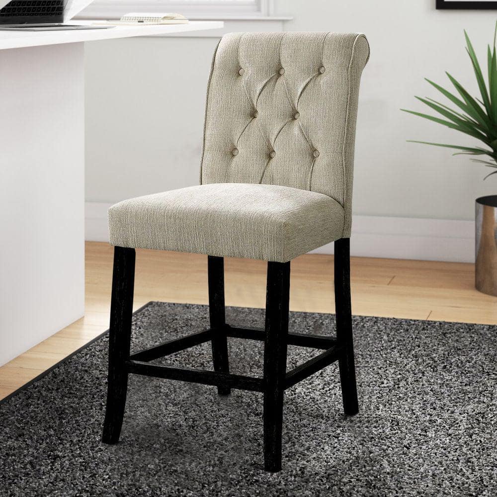 Ivory Cream Chenille and Bold Black Wooden Counter Height Chair, Set of 2