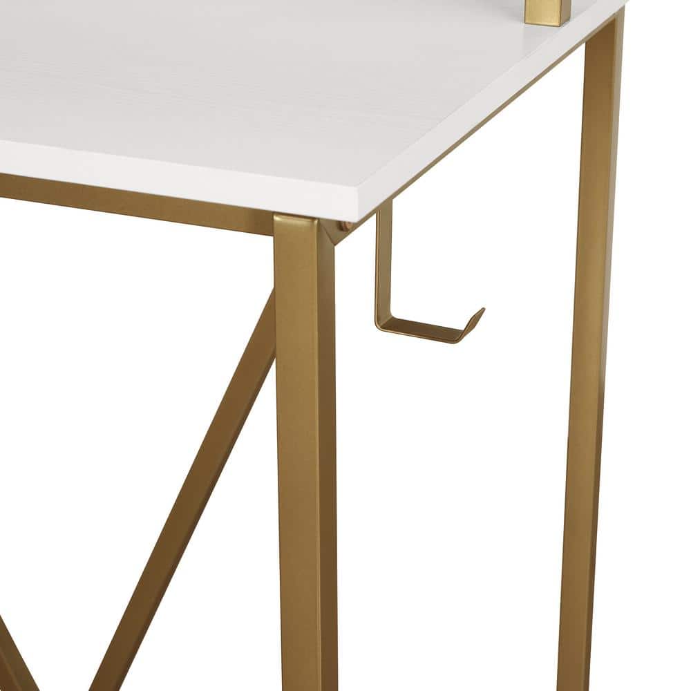 Modern Industrial Gold and Wood Writing Desk with Elevated Shelves