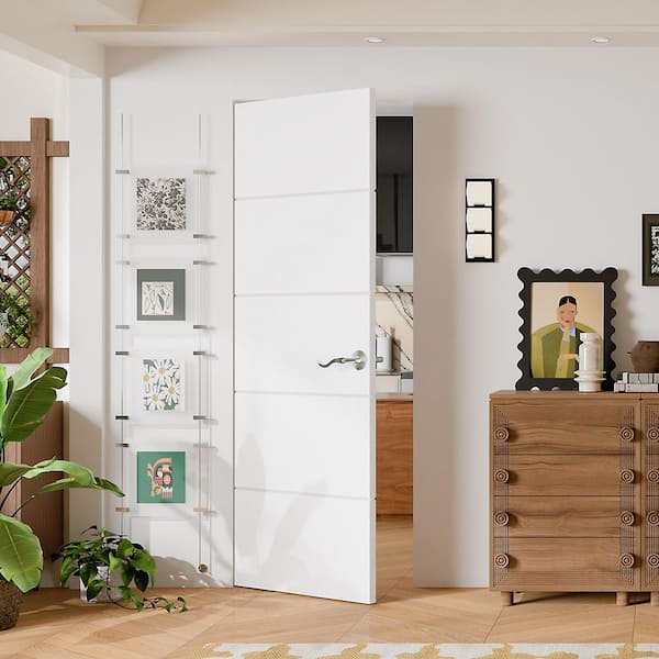 32 in. x 80 in. 5-Panel, White UV Primed, Composite Solid Core, Interior Door Slab with Silver Curved Doorknob