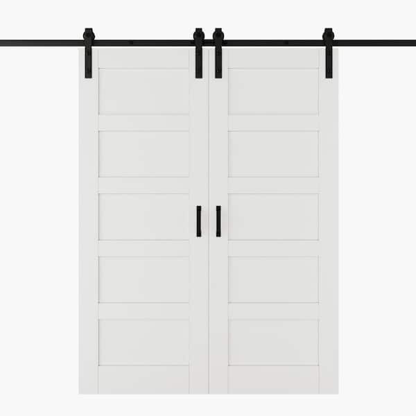 64 in. x 96 in. Waterproof 5 Panel White MDF Easy Install Sliding Barn Door Slab with Hardware Kit and Soft Close