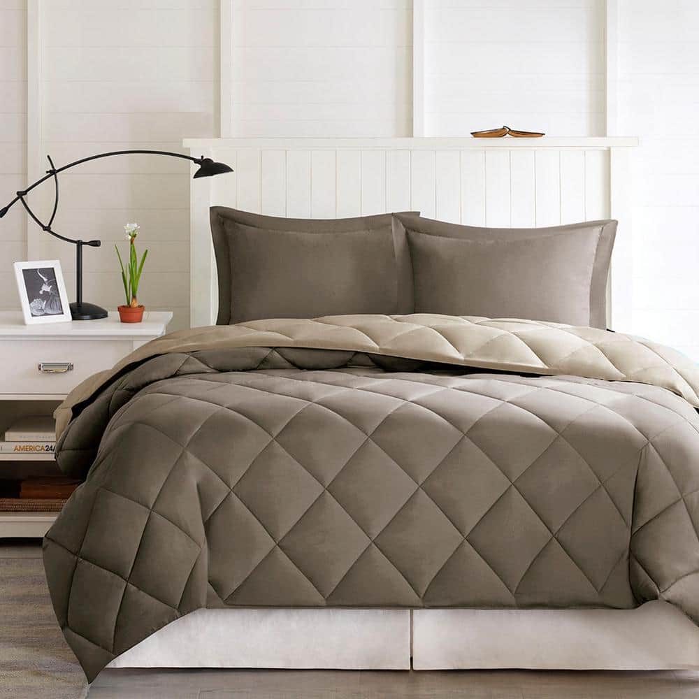 Brown Sand Bedspread Diamond Quilting Full/Queen Polyester Comforter Set.
