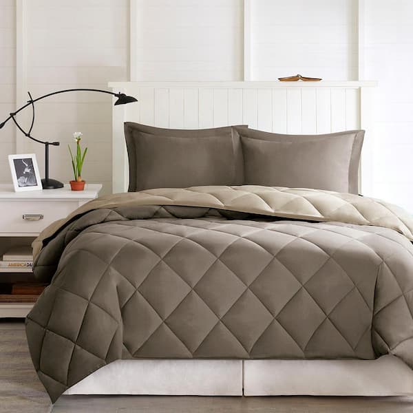 Brown Sand Bedspread Diamond Quilting Full/Queen Polyester Comforter Set.