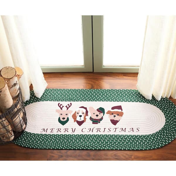 Braided Posters Ivory/Green 2 ft. x 4 ft. Machine Washable Merry Christmas Pets Oval Runner Rug